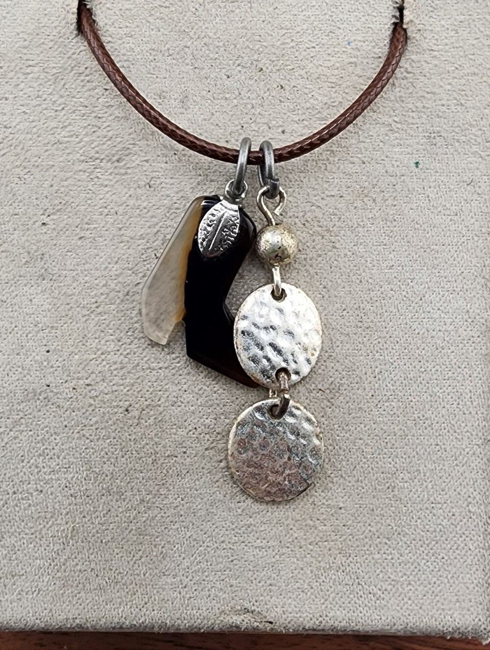 Brown Cord Necklace with Hammered Silver Disc Charms